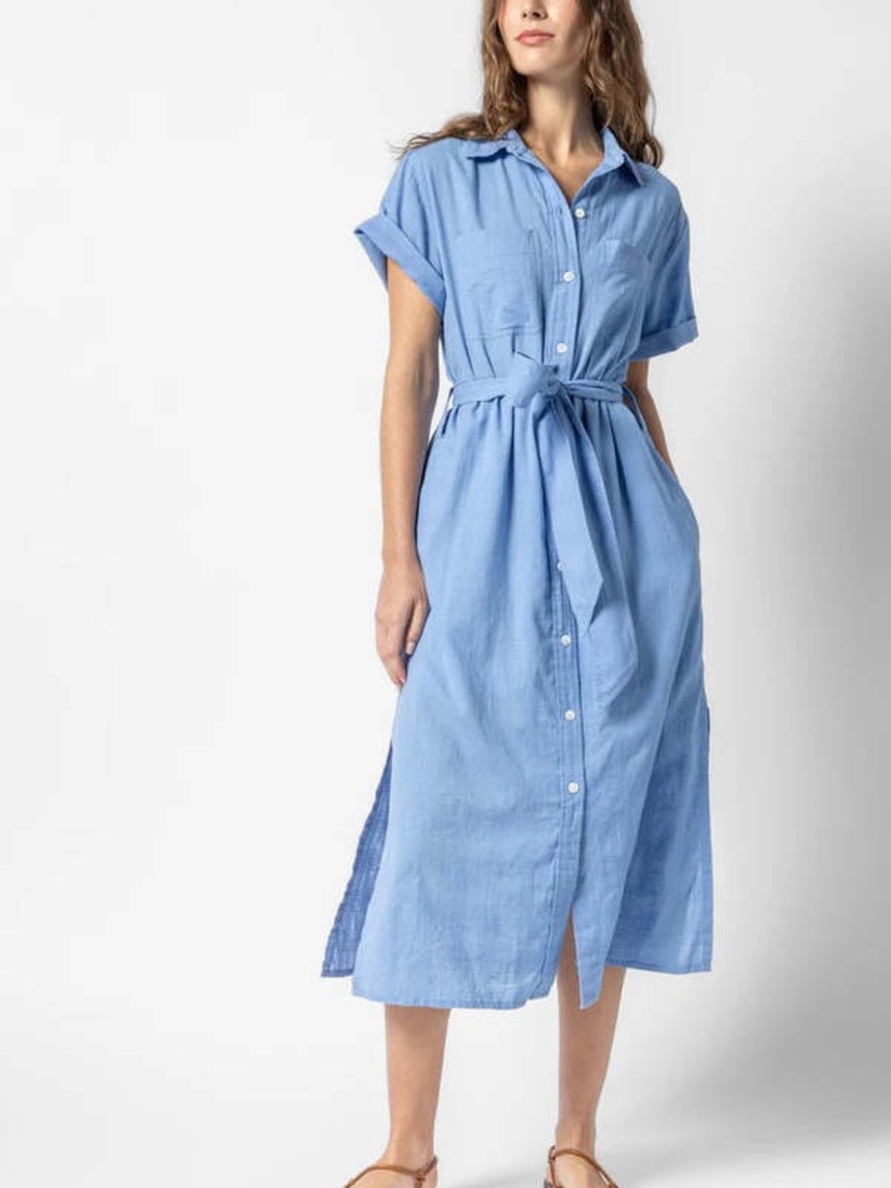 Lilla P Light Blue Midi Shirt Dress with Tie Waist